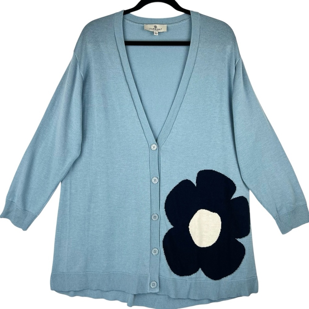 Laurie Felt Cashmere Blend Daisy Cardigan Sweater Sz 1X Blue Floral NEW
